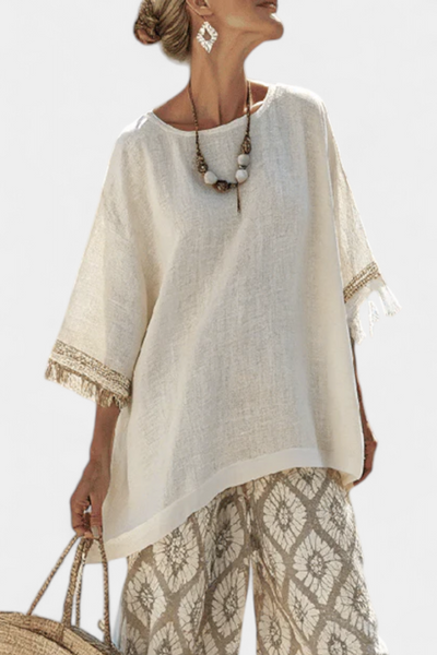 Σύνολο Boho Chic Daisy: Μακριά Μπλούζα και Εκτυπωμένα Παντελόνια για Μοναδικό Στυλ